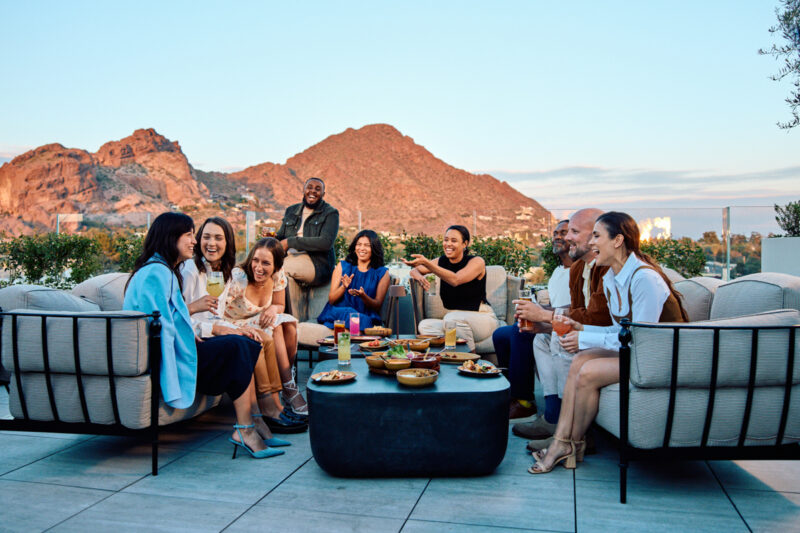Couples rooftop dining Mediterranean cuisine at Thea in Pheonix