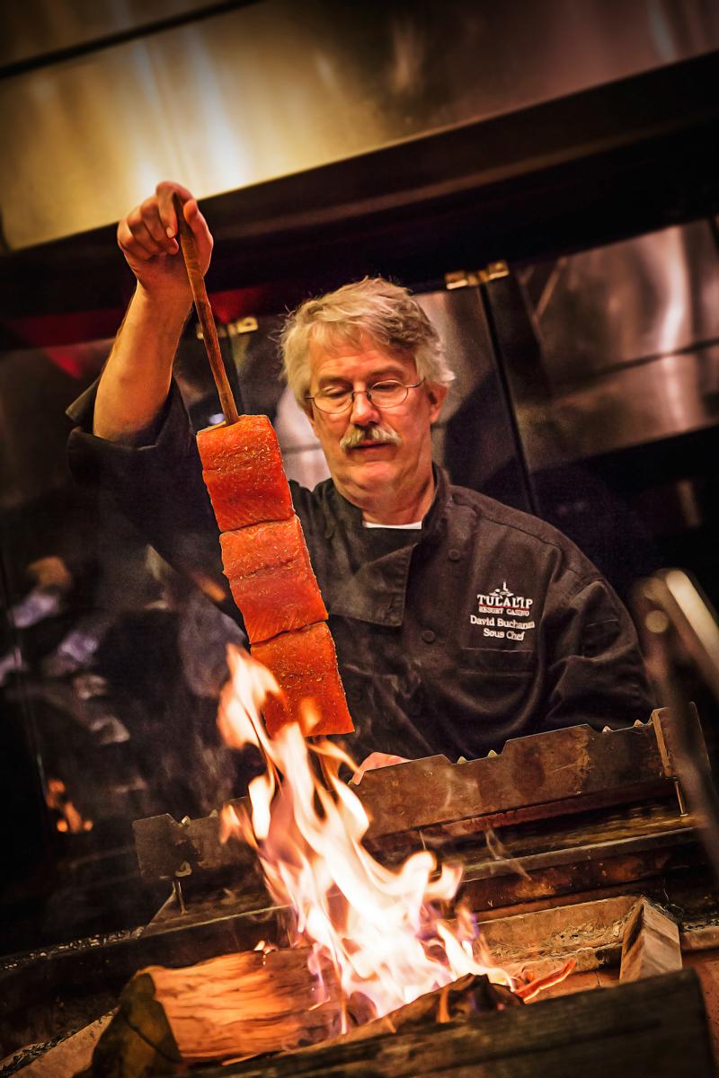Wild Salmon grilled over open flame at Tulalip Resort