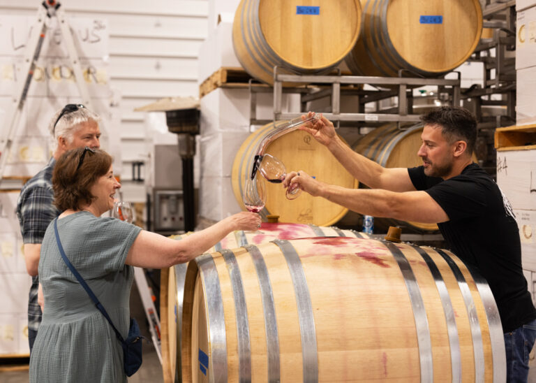 Wine sampling over wine barrels at winery