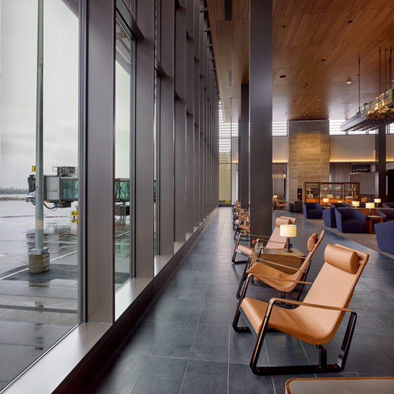 The warm and inviting guest waiting area at Paine Field Airport in Everett