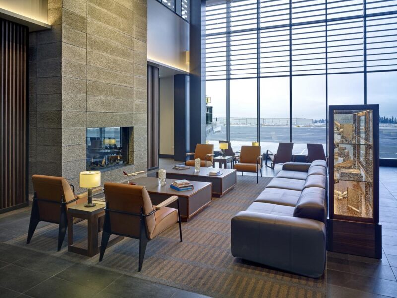 Paine Field lounge with fireplace